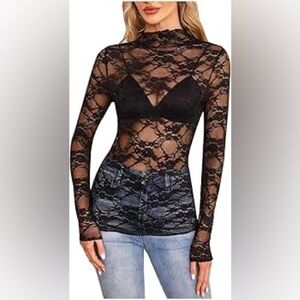 Emerson Lang Y2K Black Lace Sheer Top Womens XL Long Sleeve Goth Witchy Vampire